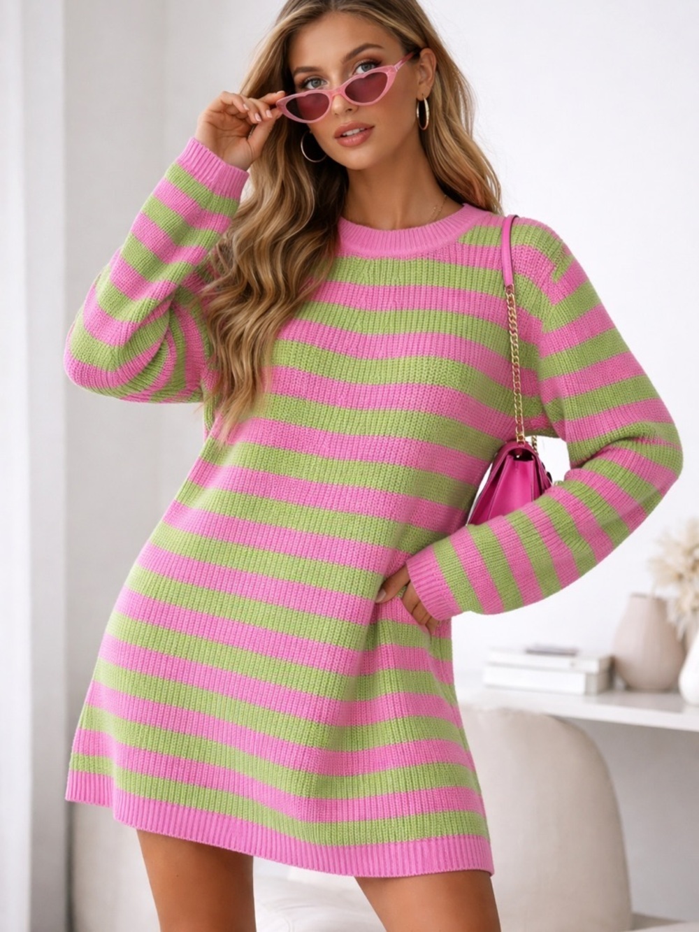 Victor Glemaud Pink & Green Striped Knit Mini Dress